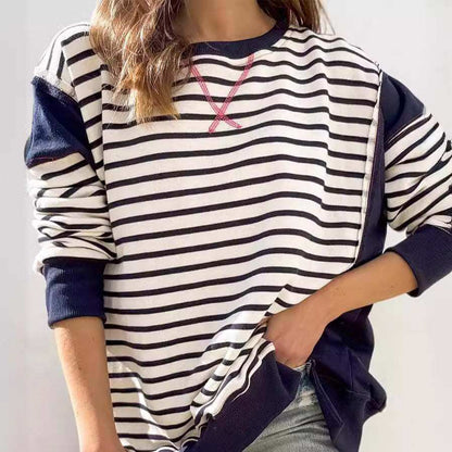 Striped color matching sweatshirt by Glow Chic, polyester material, long sleeves, stylish casual wear.