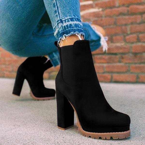 Ankle Boots - Stylish Round-Toe High Heel Suede Footwear