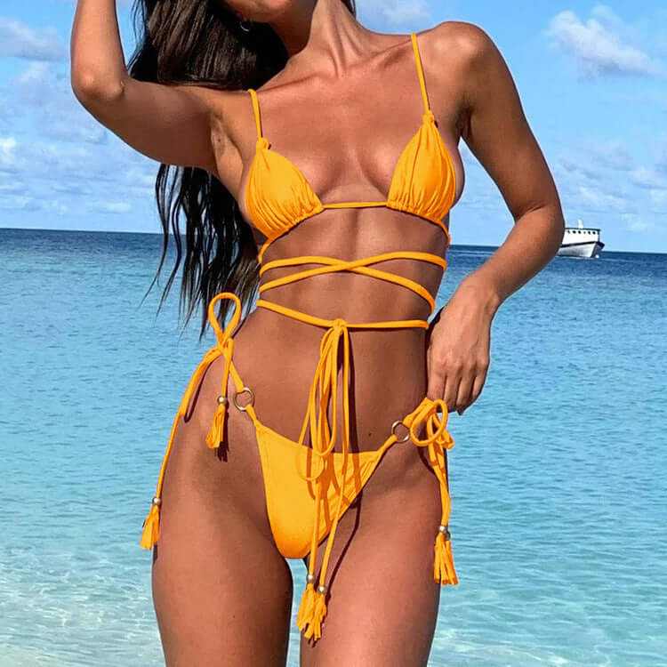 Bikini Set with Hollow-Out, Thong, Cross String Detail | Glow Chic