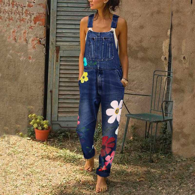 Glow Chic's Floral Print Denim Jumpsuit With Pockets - Glow Chic