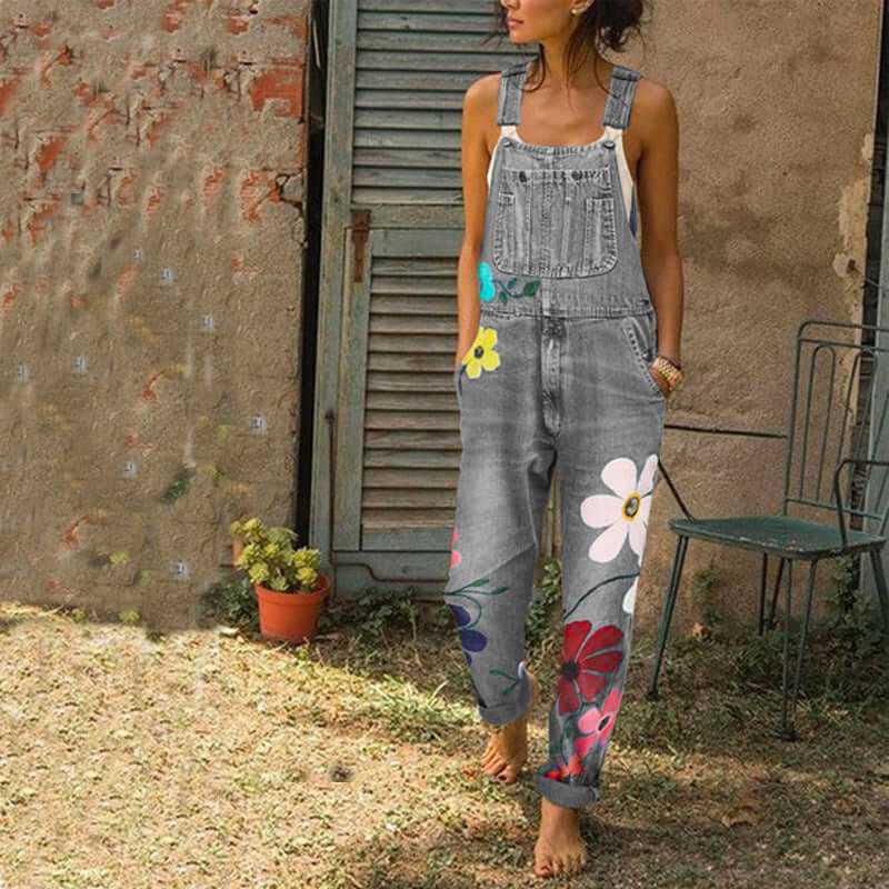 Glow Chic's Floral Print Denim Jumpsuit With Pockets - Glow Chic