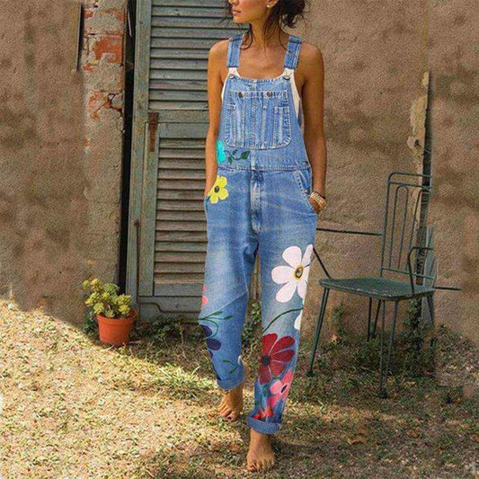 Glow Chic's Floral Print Denim Jumpsuit With Pockets - Glow Chic