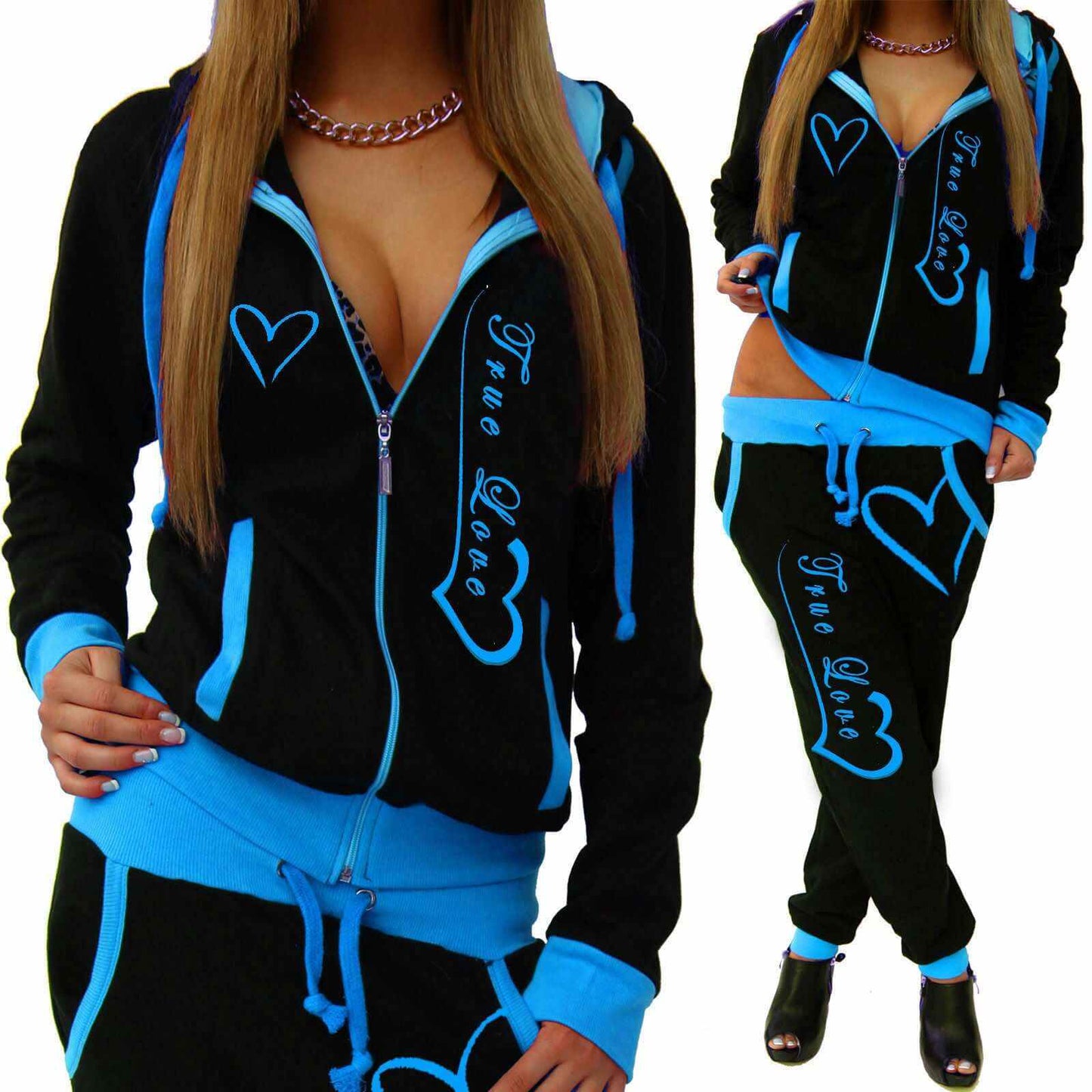 Glow Chic's Casual Knitted Sportswear Suit made of spandex in black and blue with heart designs.