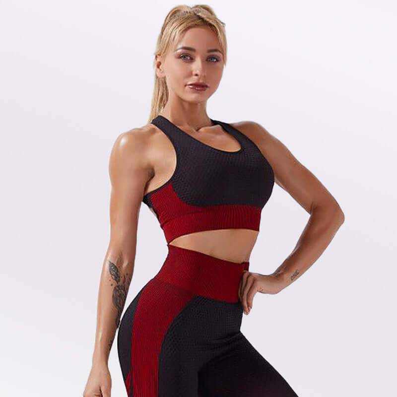 Glow Chic two-piece sportswear set with top and leggings in black and red.