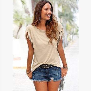 America big size round neck short sleeve cuffs tasselGlow Chic