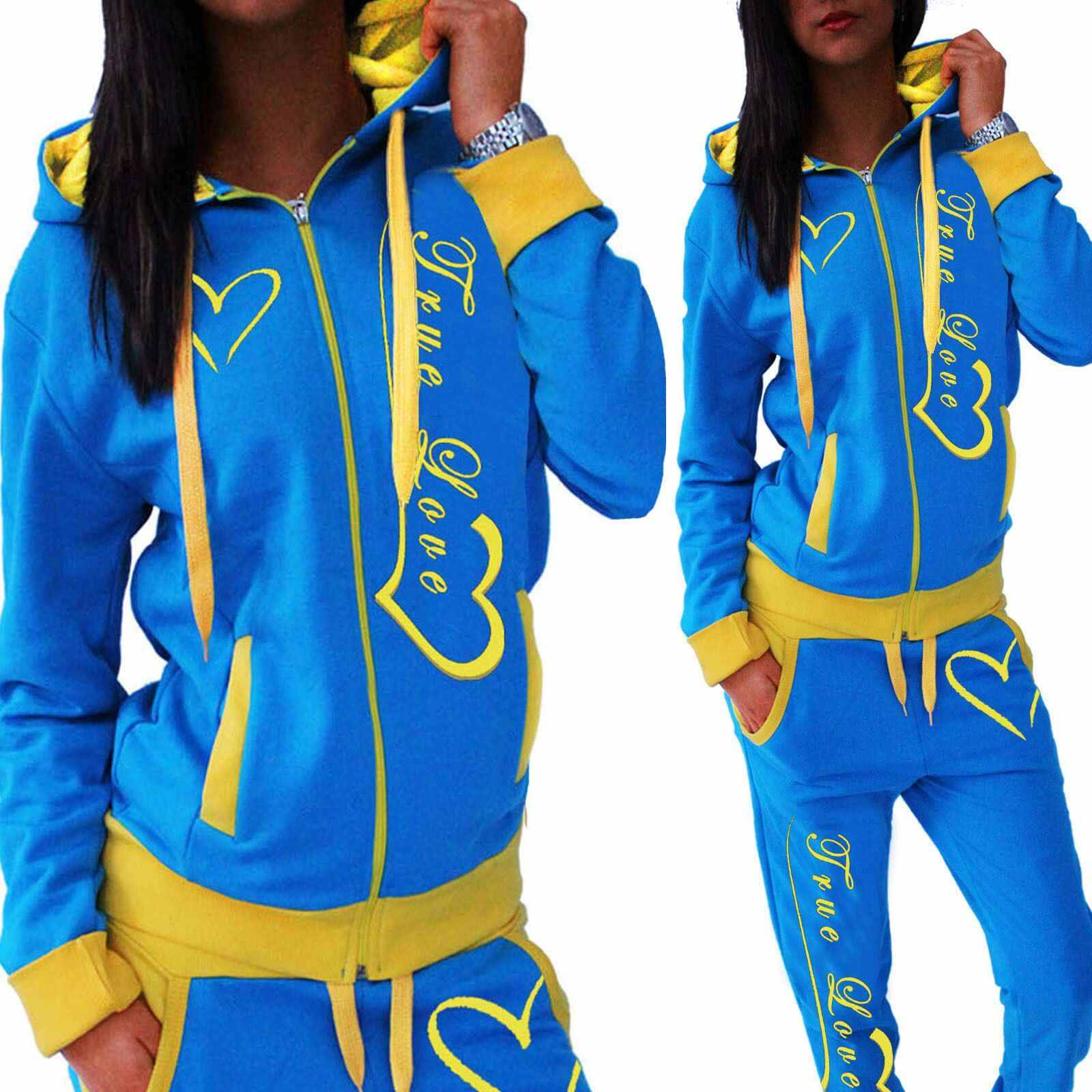 Casual blue and yellow knitted sportswear suit by Glow Chic, made from spandex.