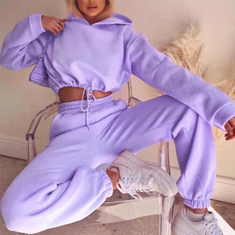 Lavender jogging suit for comfort and safety.