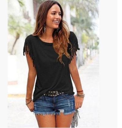 America big size round neck short sleeve cuffs tasselGlow Chic