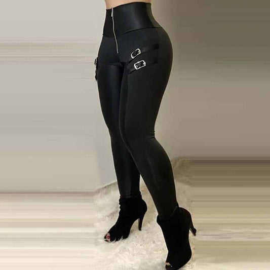 High waist skinny trousers with buckle details and zipper, showcasing a flattering silhouette.