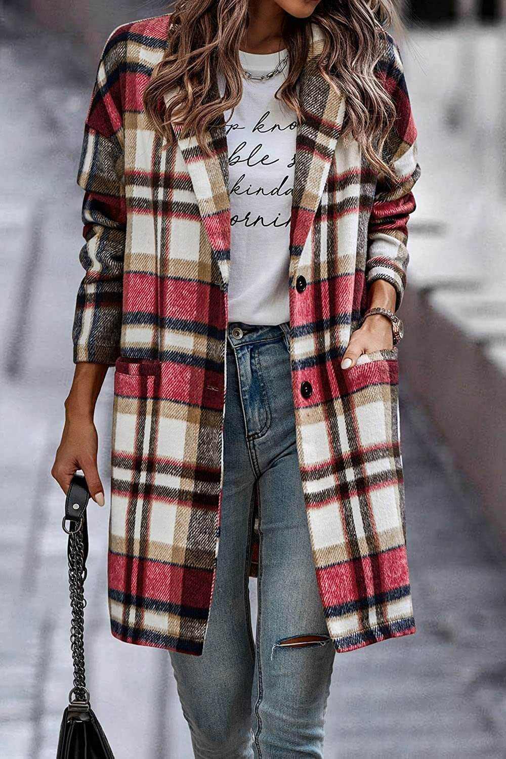 Glow Chic's Plaid Long Woolen Coat With Pockets - Glow Chic