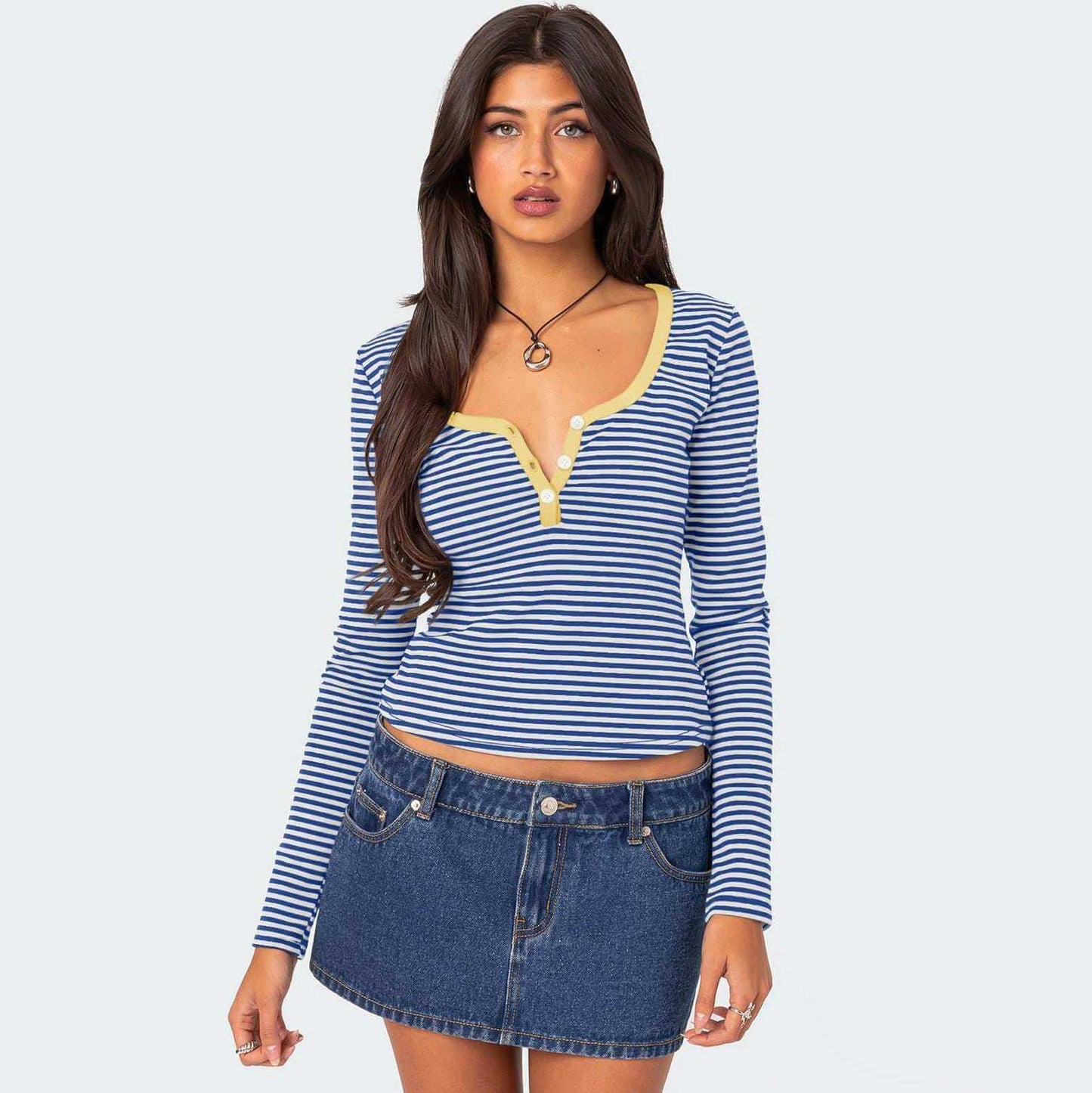 Contrast color striped sweater from Glow Chic in blue, featuring a playful design and high-quality cotton material.