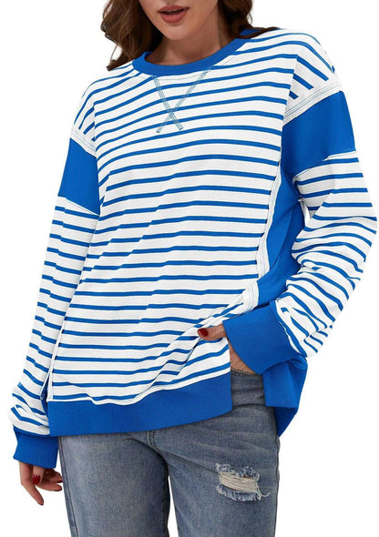 Striped color matching sweatshirt from Glow Chic with vibrant blue and white design.