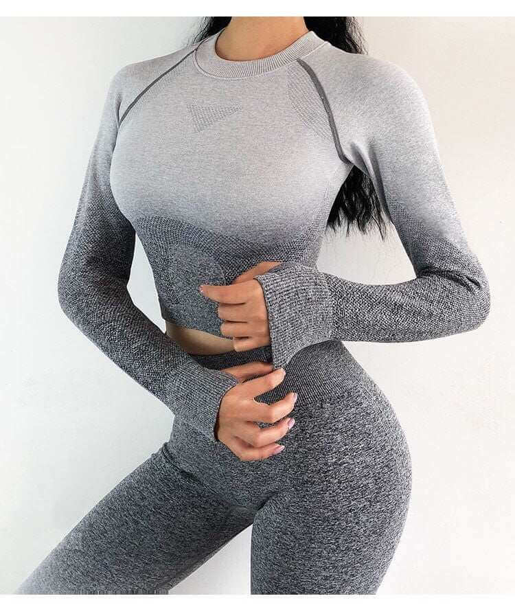 Gradient sportswear for women with long sleeves and seamless design.