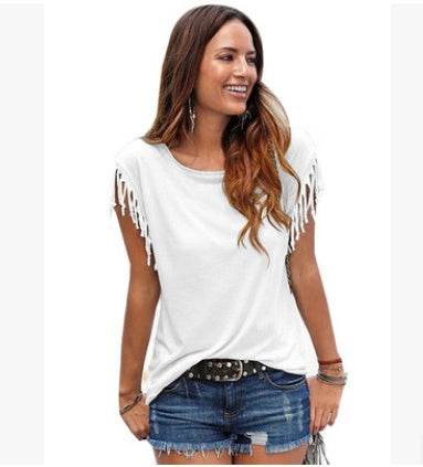 America big size round neck short sleeve cuffs tasselGlow Chic