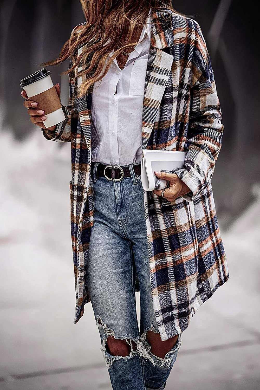 Glow Chic's Plaid Long Woolen Coat With Pockets - Glow Chic