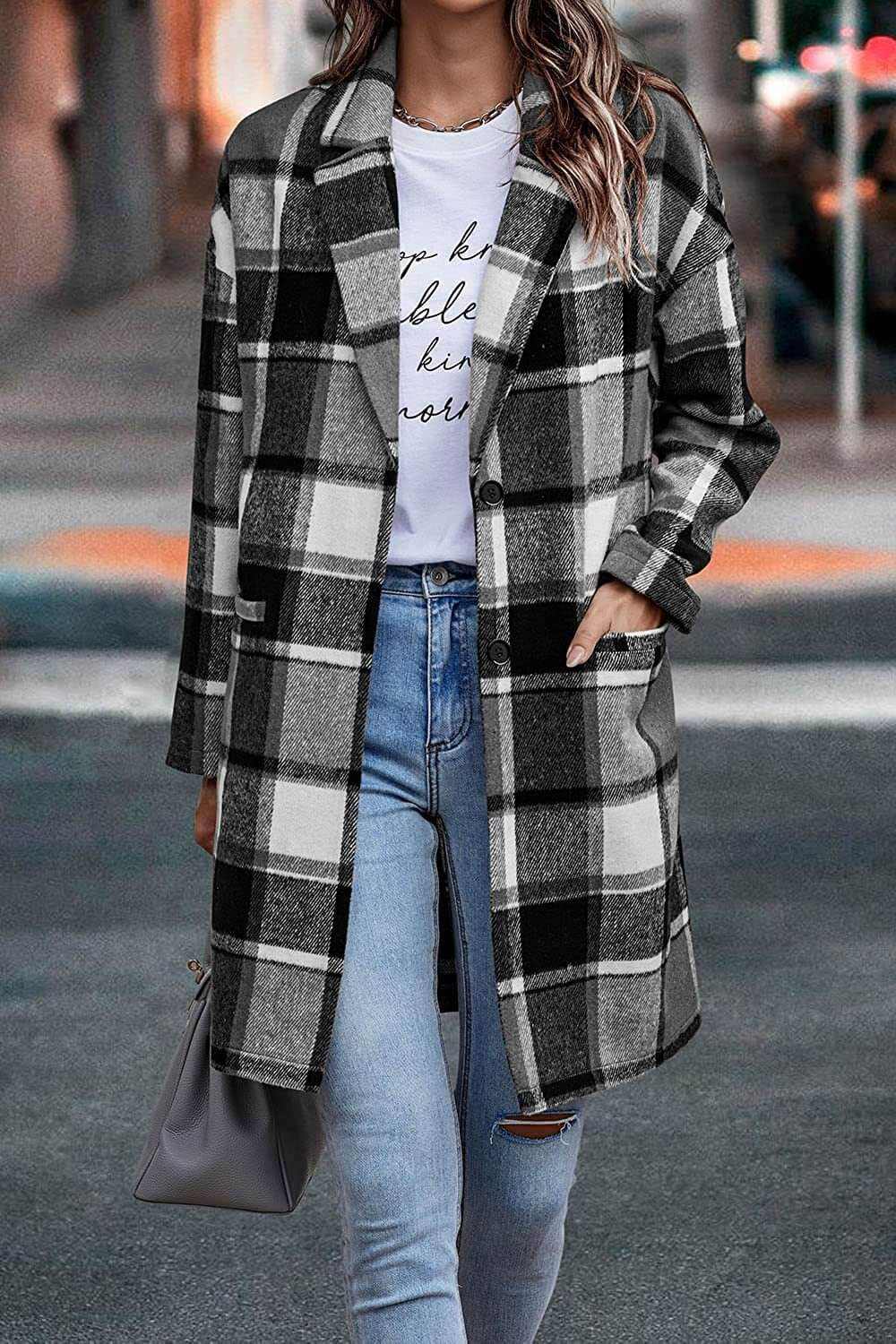 Glow Chic's Plaid Long Woolen Coat With Pockets - Glow Chic