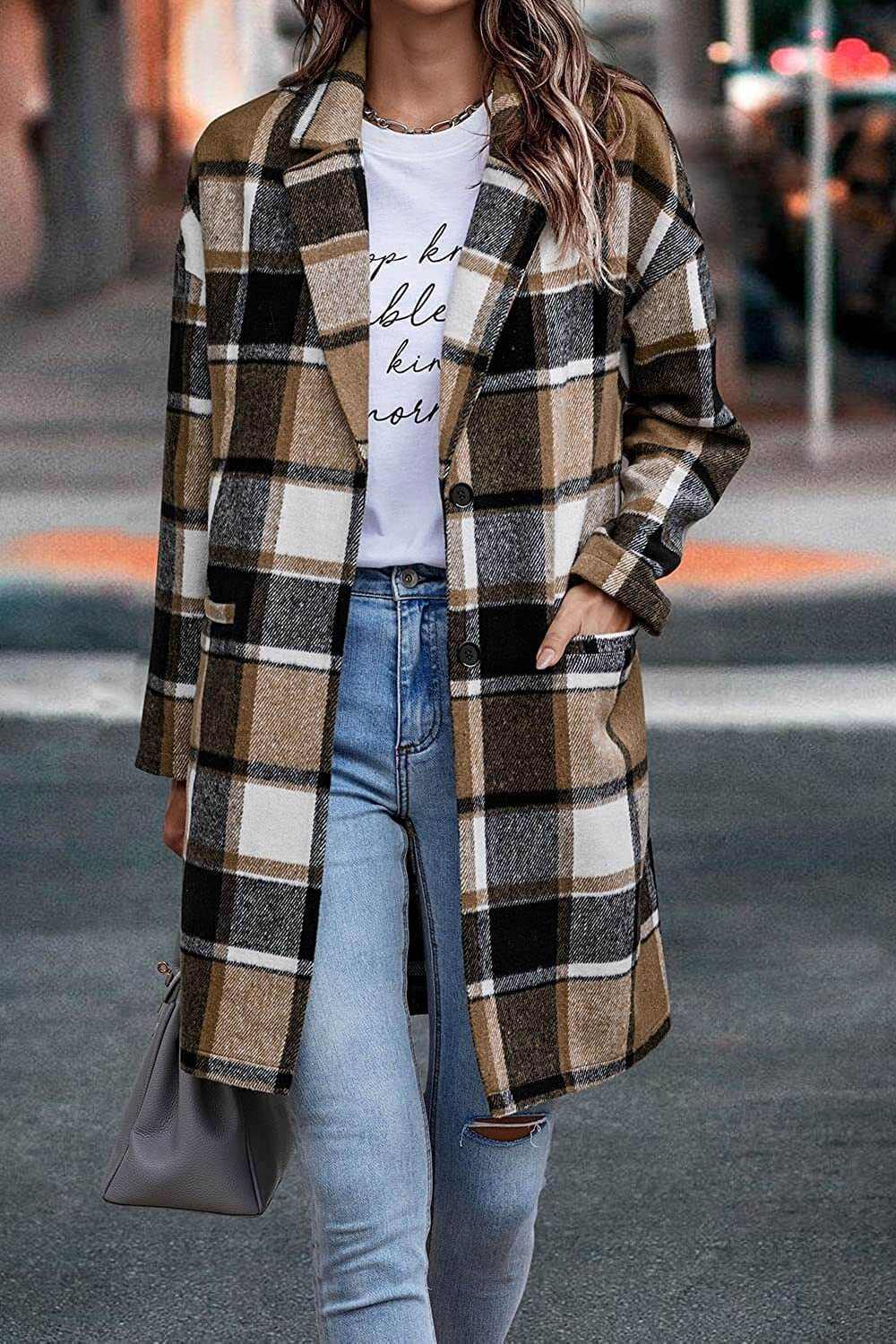 Glow Chic's Plaid Long Woolen Coat With Pockets - Glow Chic