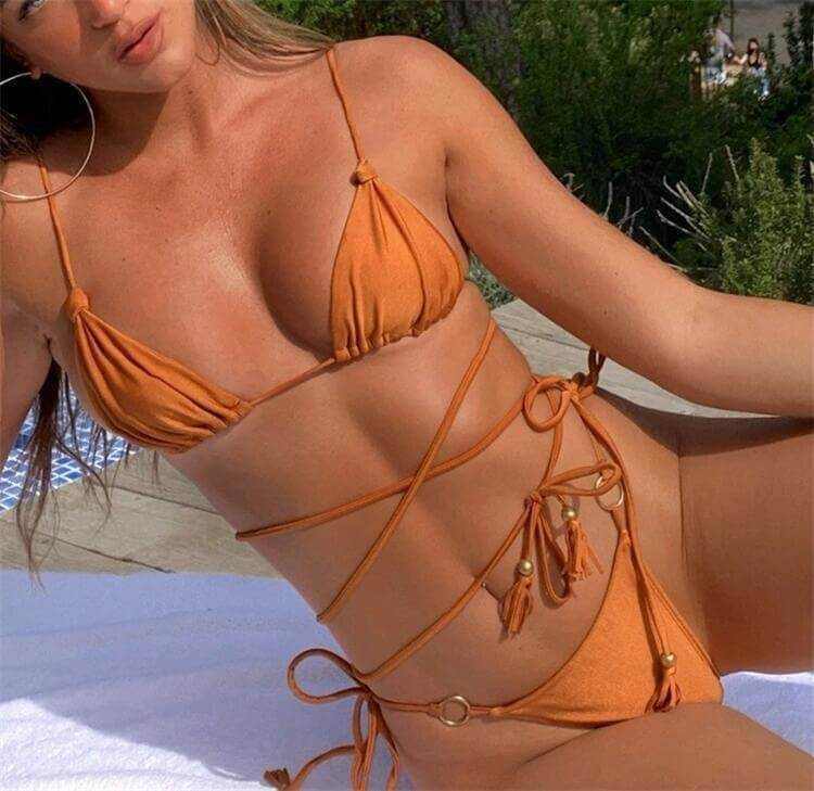 Bikini Set with Hollow-Out, Thong, Cross String Detail | Glow Chic