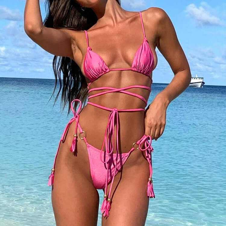 Bikini Set with Hollow-Out, Thong, Cross String Detail | Glow Chic