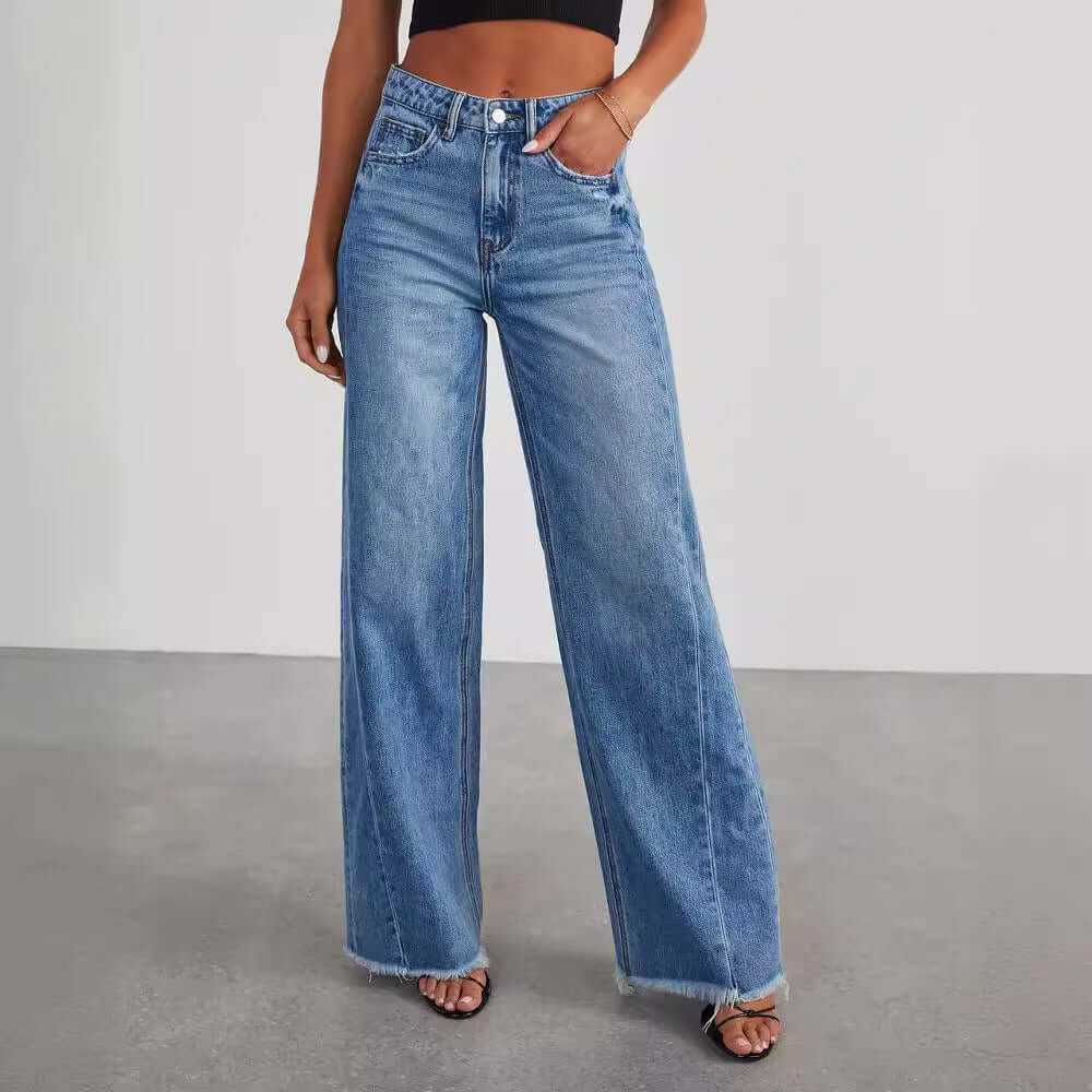 Glow Chic's Loose Wide-Leg Frayed Hem Jeans with Side Seam Stitching - Glow Chic