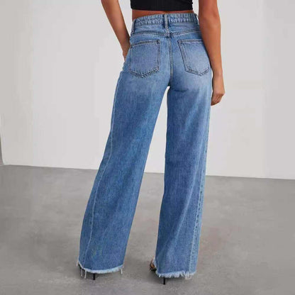 Glow Chic's Loose Wide-Leg Frayed Hem Jeans with Side Seam Stitching - Glow Chic