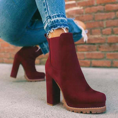 Ankle Boots - Stylish Round-Toe High Heel Suede Footwear