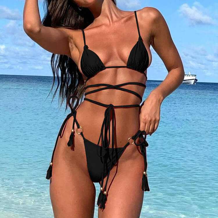 Bikini Set with Hollow-Out, Thong, Cross String Detail | Glow Chic