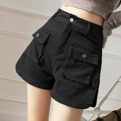 Glow Chic's stylish high waist denim shorts in black cotton, casual fit.