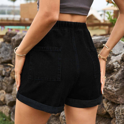 Glow Chic's tied curling denim shorts in black, rayon material, trendy and stylish design.