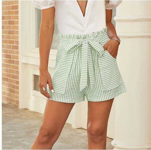 Loose Striped Shorts with Bow Tie Waist in Bamboo Fabric