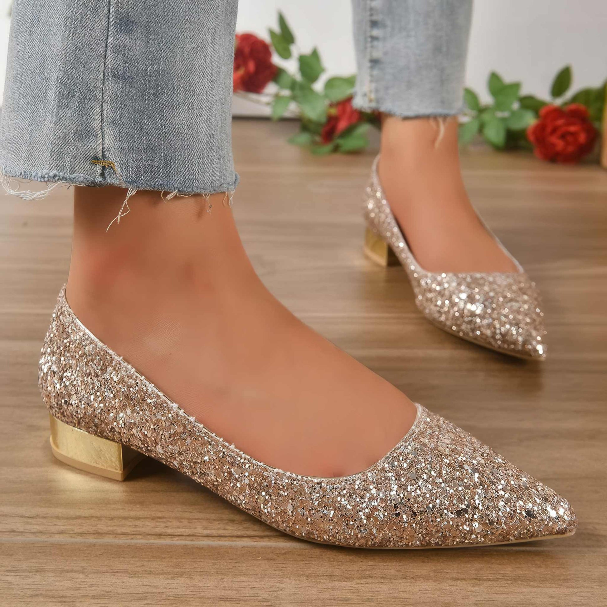 Low Heel Shoes | Glow Chic's Crystal Sequin Elegant Footwear