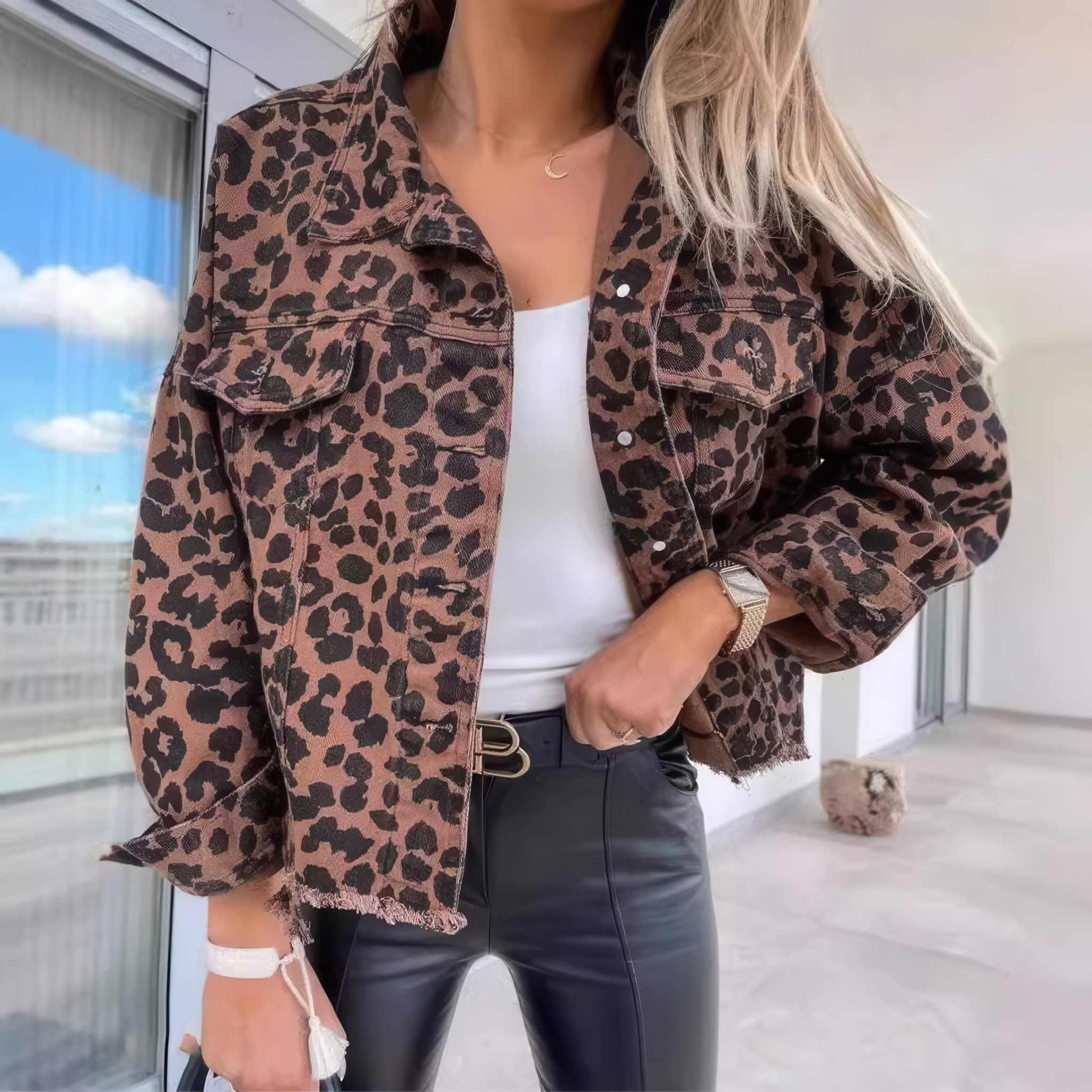 Jacket | Glow Chic's Leopard Print Denim Overcoat With Pockets