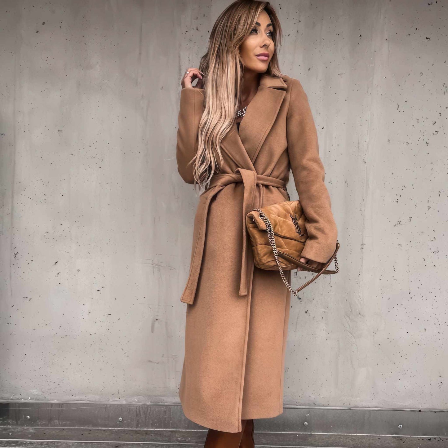 Glow Chic's V-Neck Woolen Coat – Simple, Fashionable Lace-Up Long Coat