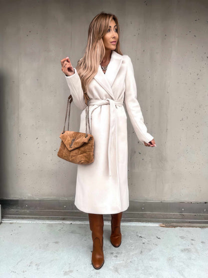 Glow Chic's V-Neck Woolen Coat – Simple, Fashionable Lace-Up Long Coat