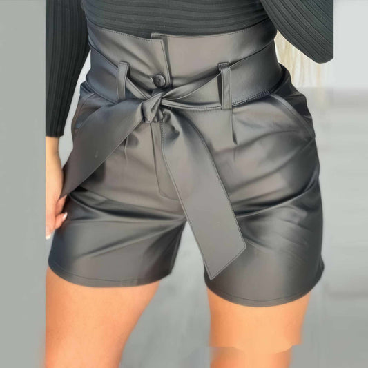 Shorts | High-Waist Black PU with Belt | Slim Fit Style | Glow Chic