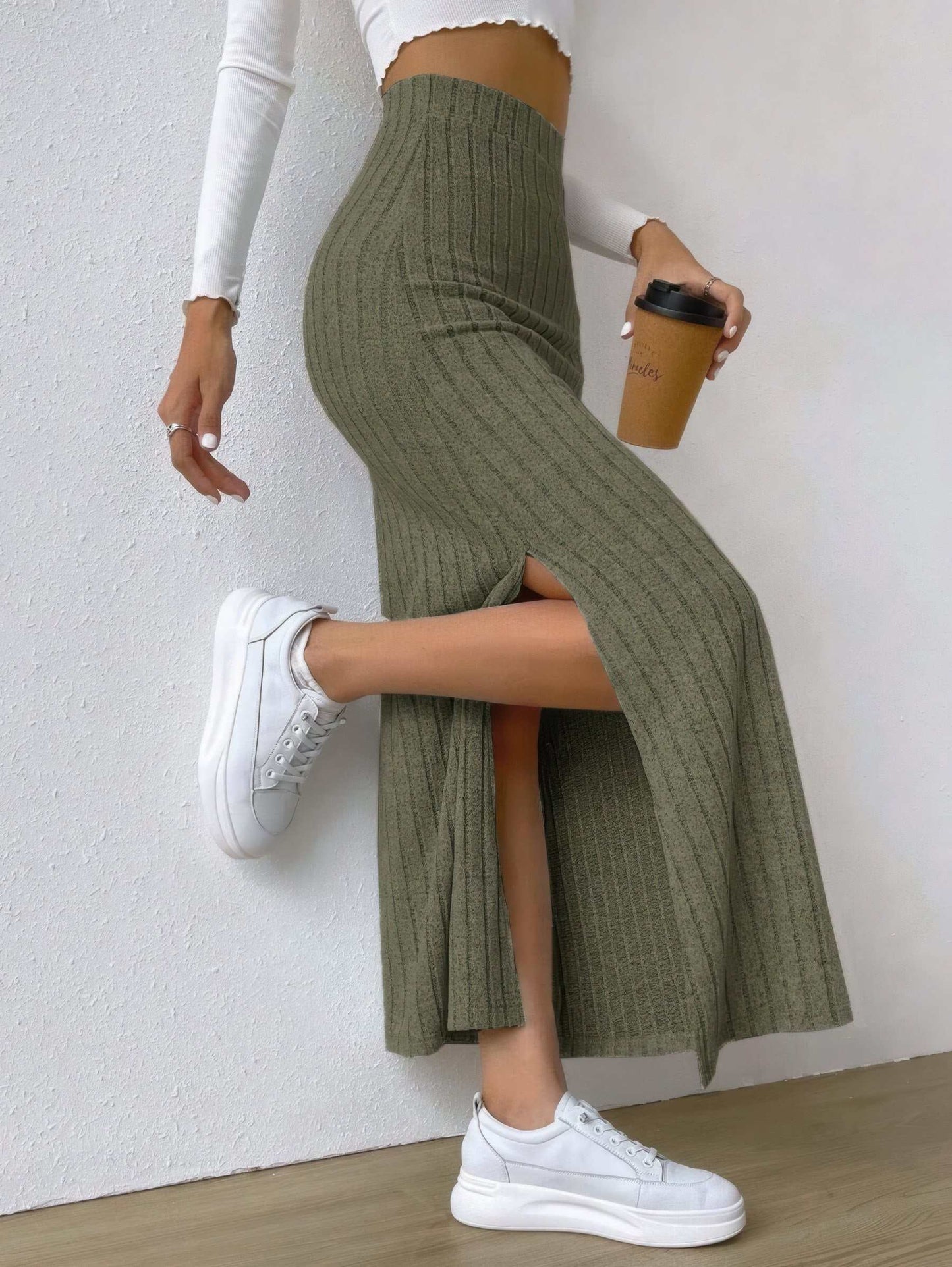 Glow Chic's Slim Fit Knitted Long Skirt with Side Slit